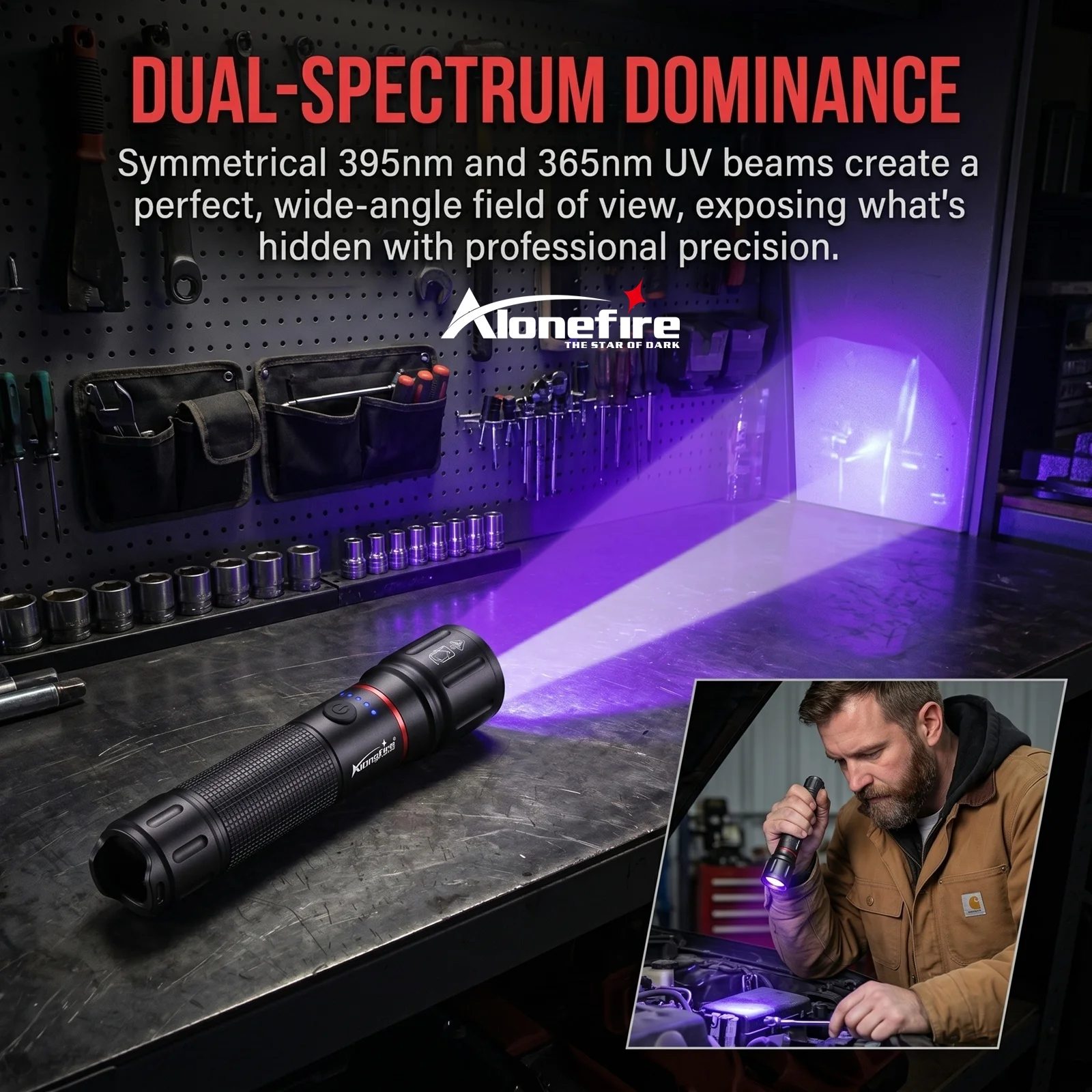 Alonefire 2-in-1 Zoom 395nm+365nm UV-Taschenlampe USB-Aufladbare Leuchte zur Erkennung von Tierurin, Erz, Geld und Skorpione
