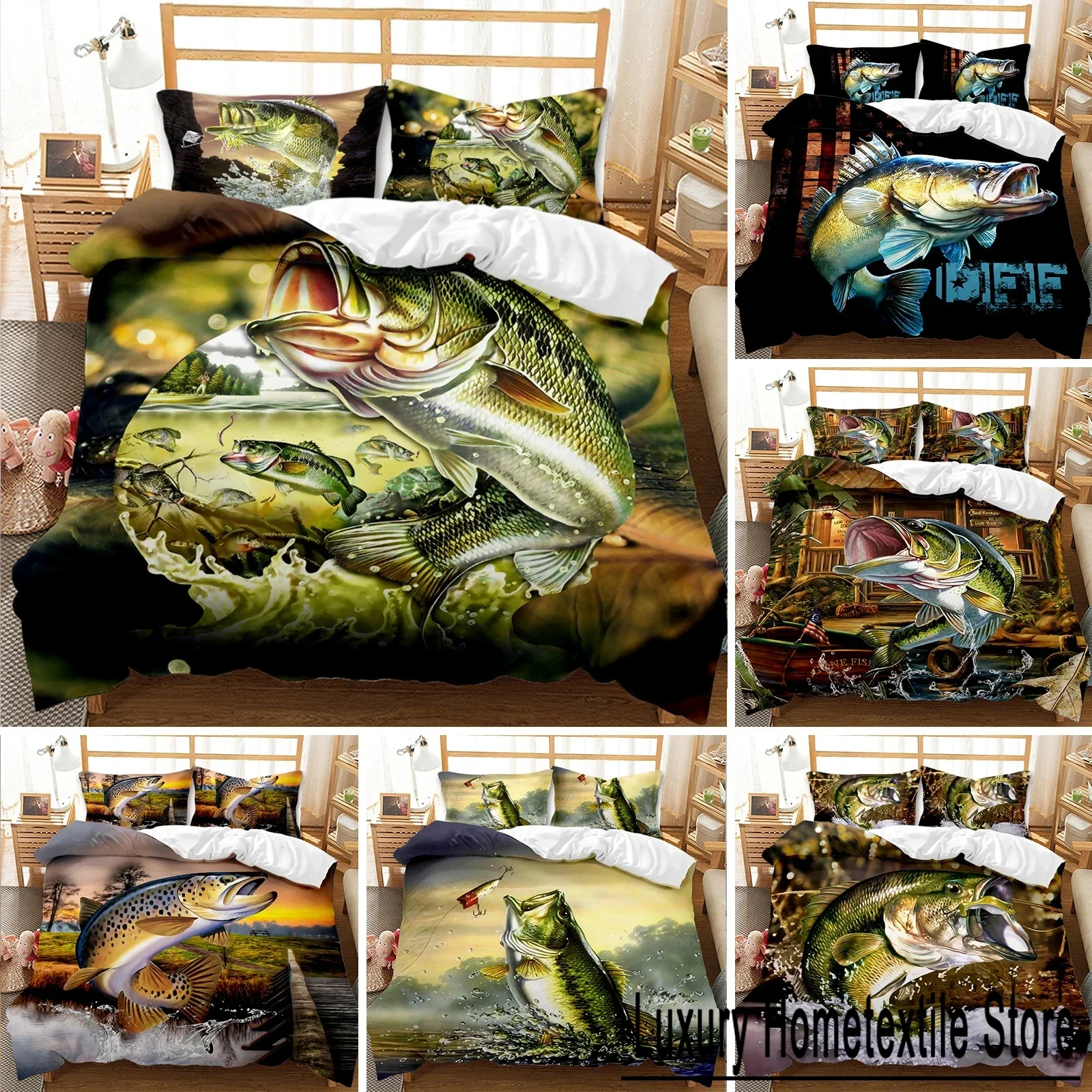 Big Pike Fishing Duvet Cover Set Hunting Bedding Fly Fishing Comforter Cover Queen King Full Polyester Quilt Cover Teens Adults