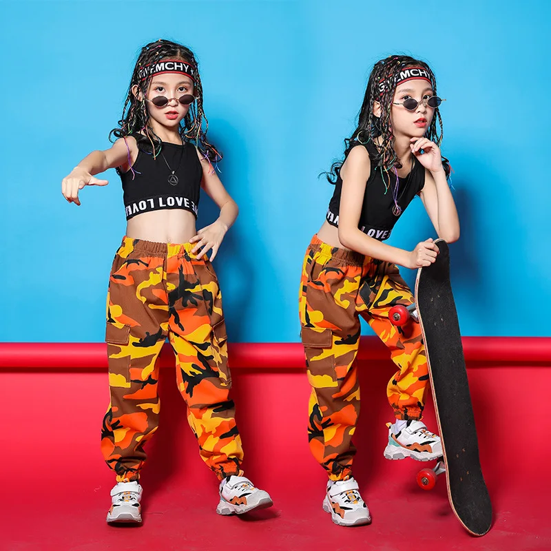 Dance Costume Dancing Clothes Streetwear Kid Hip Hop Clothing Black Tank Top Crop Camouflage Tactical Cargo Pants for Girls Jazz