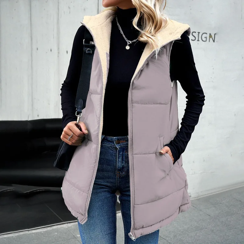 

2023 Winter New Vest Coat Women's Zipper Cardigan Pocket Plush Warm Loose Coat Women's Fashion Sleeveless Hooded Cotton Coat