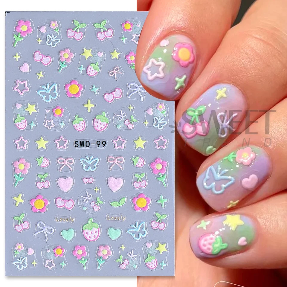 2 piezas de calcomanías de arte de uñas con elementos dulces, flores simples, corazones, cerezas, fresas, calcomanías kawaii, lazos coloridos, mariposas, sliders de manicura 2