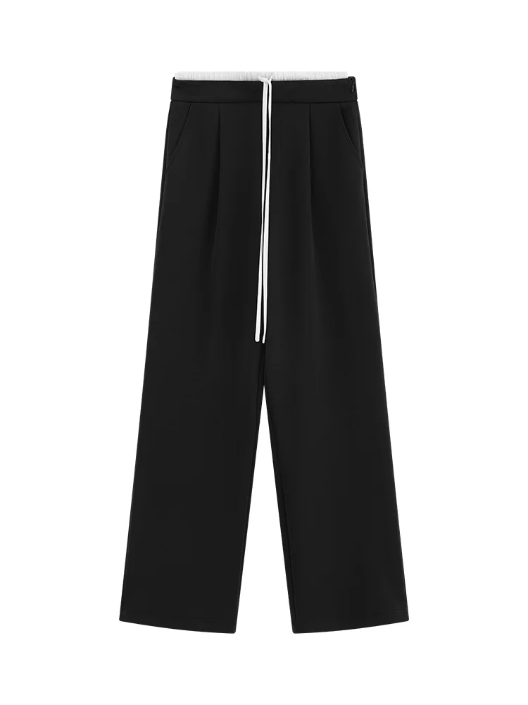 High-Waisted Wide-Leg Pants  – Petite-Friendly Loose Fit Trousers with Contrast Drawstring, Draped Straight-Leg Casual Style