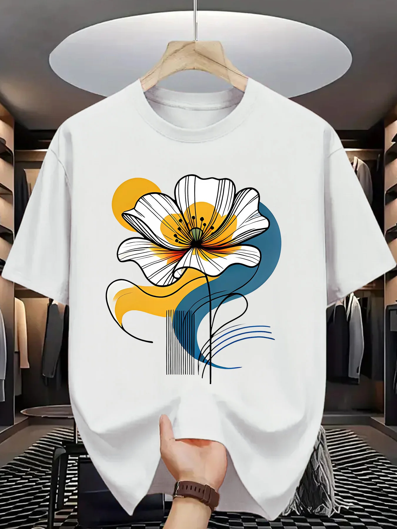 

Мужская хлопковая футболка с коротким рукавом, односторонняя повседневная рубашка с цветочным принтом, трикотажная ткань для всесезонной комфортной повседневной одежды