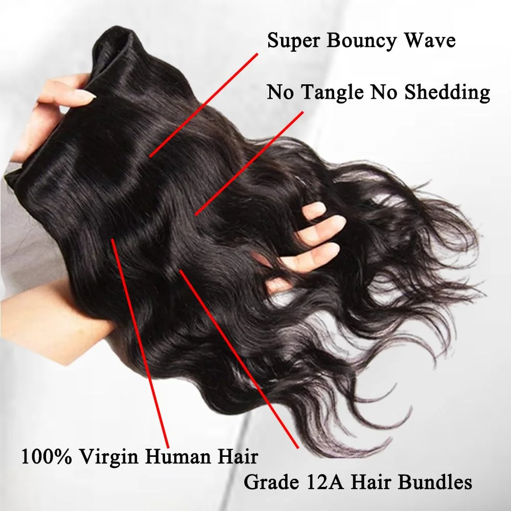 Bundles de cheveux humains Body Wave, cheveux vierges brésiliens, 100% non transformés, noir naturel, 10-26 faisceaux, 12A