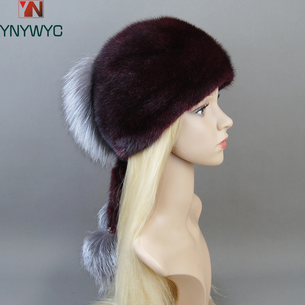 Women Winter Real Mink Fur Hats Russian Female Fur Hat With Ears Knit Beanie With Pom Poms Newsboy Caps Ladies High Elastic Hat