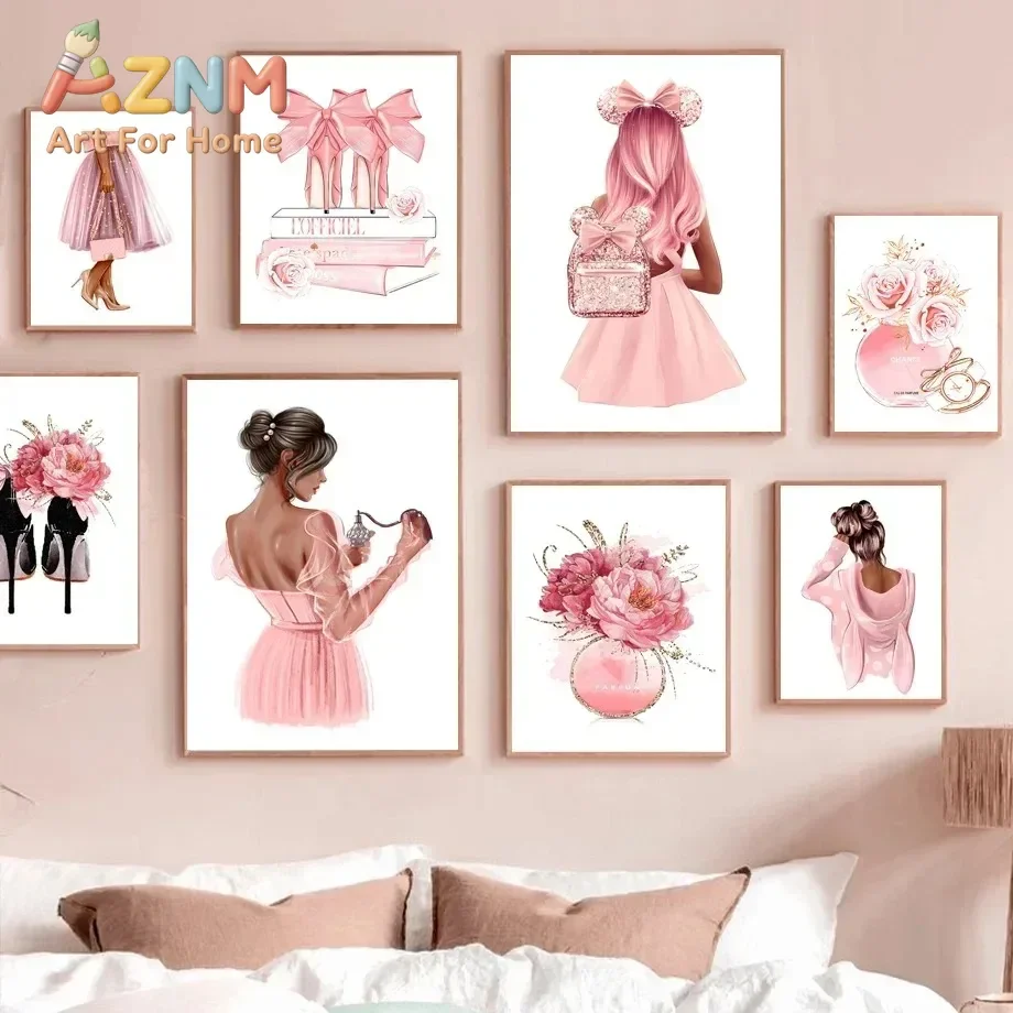 AZNM Frameless Canvas Wall Art, Fashion Girl Perfume Heel Lipstick Bow Print, Decor for Bedroom Dressing Room Girls Stylish Wall