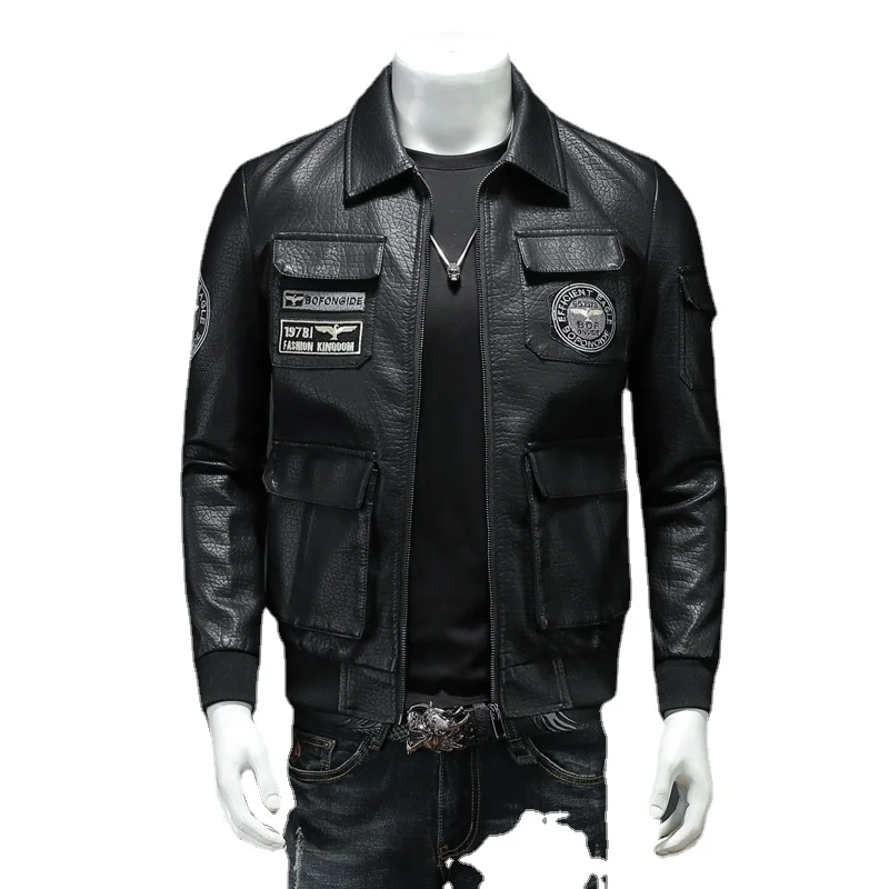 Spring new men\'s leather jacket motorcycle jacket young embroidered leather