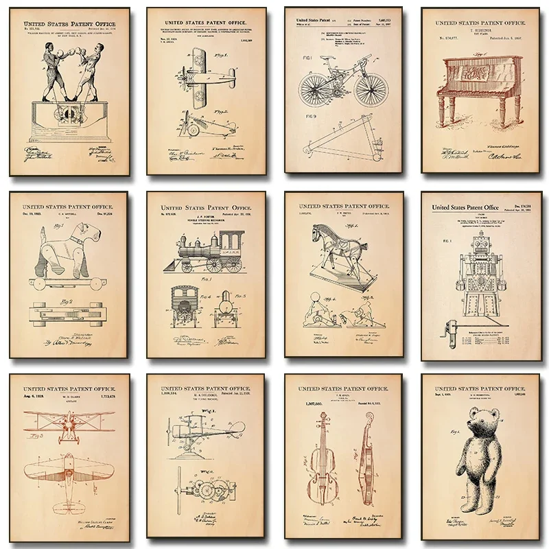 Minimalist Canvas Posters Toys Drawing Robot Teddy Bear Violin Aircraft Illustration Prints Wall Art Home Living Room Decor