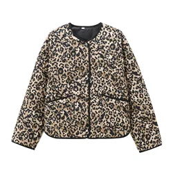 TRAF Winter Coat Female Leopard Print Quilted Jacket Woman Vintage Padded Jacket Short Coats Autumn Parkas Outerwear 8110/488