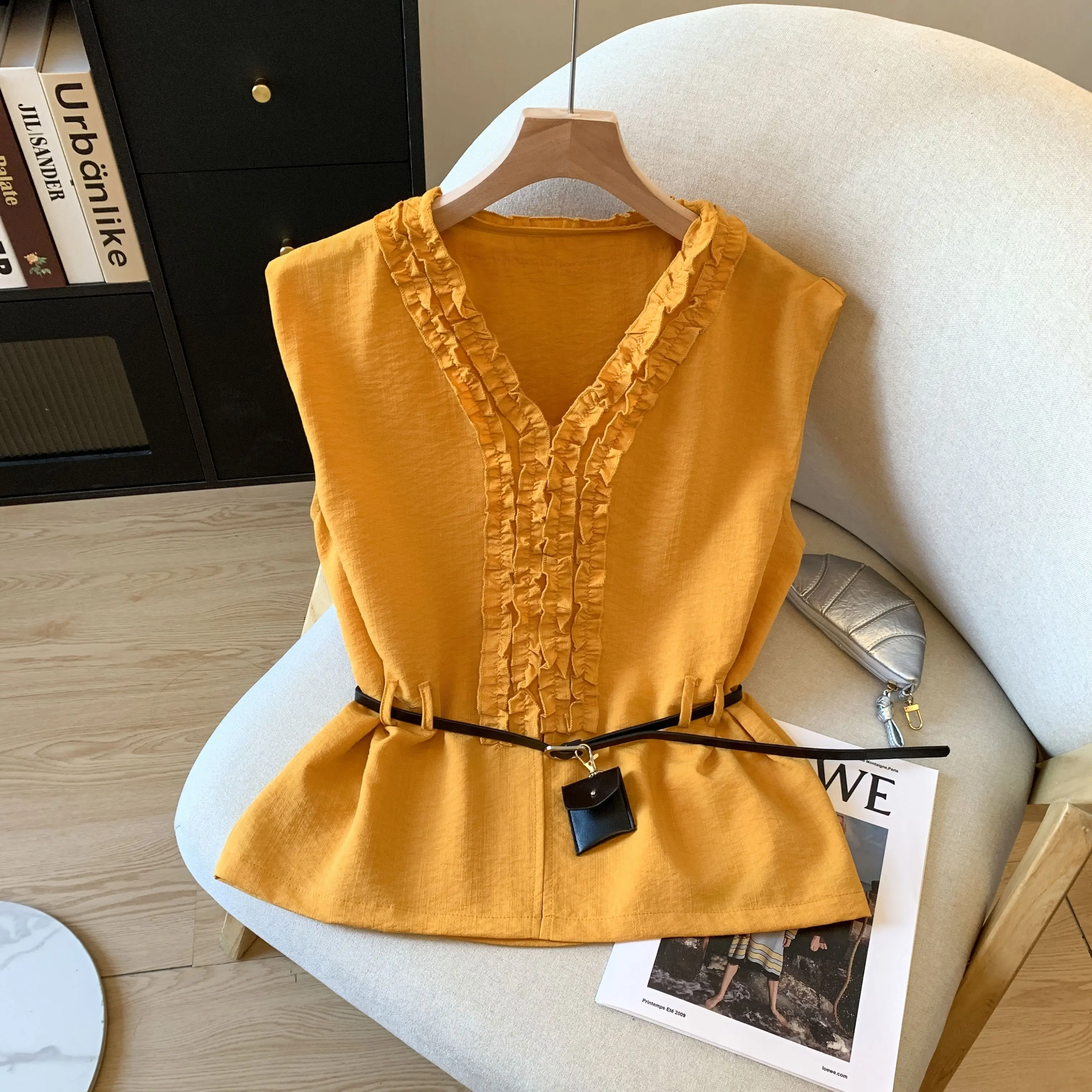 

Women Chic Fashion Summer New Fungus Edge V-neck Sleeveless Linen Vest Shirt Loose Thin Tops Blouse