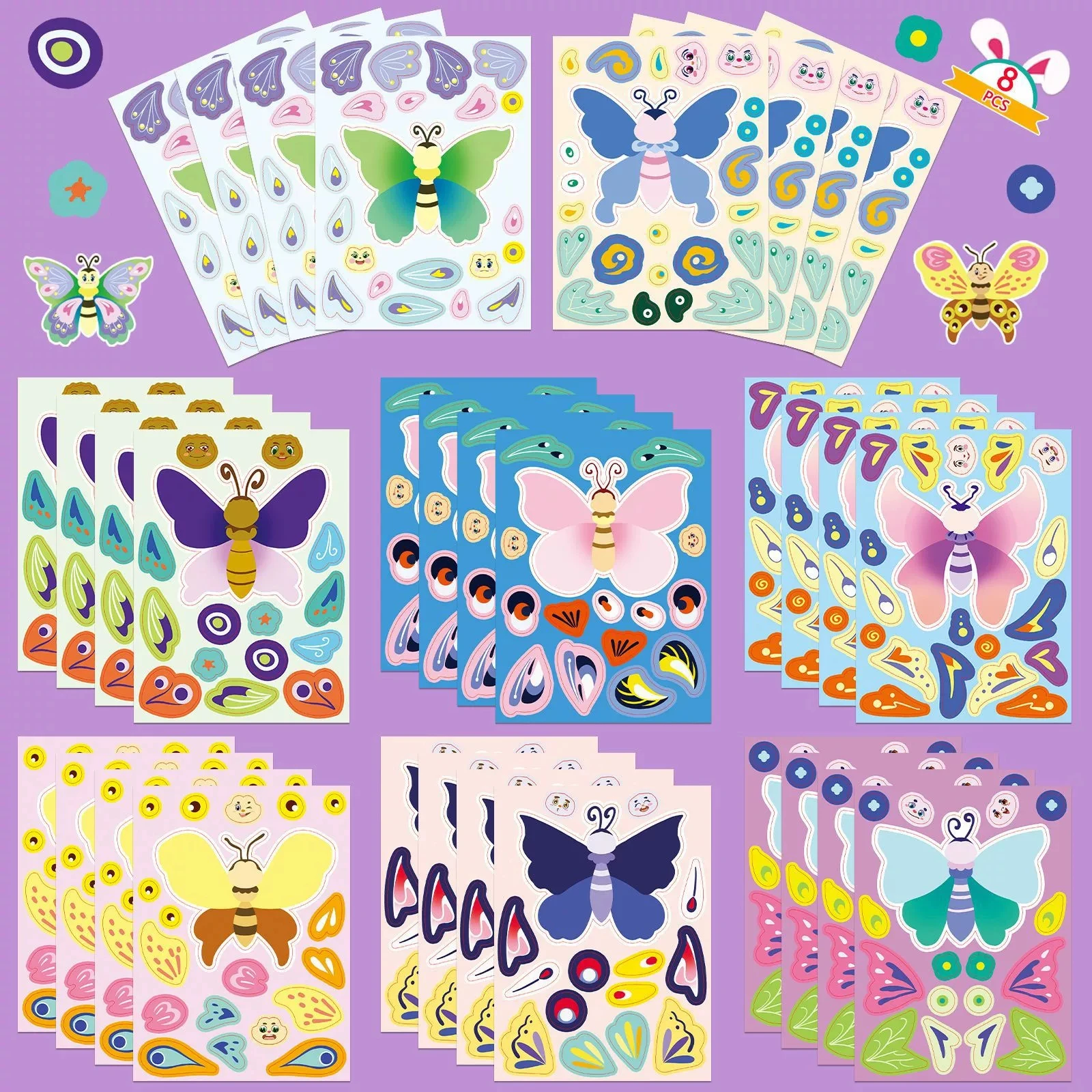 8/16/24 PCS Butterfly Face Changing Stickers Cartoon Cute Make A Face DIY Decals for Journal Scrapbook Phone Gift