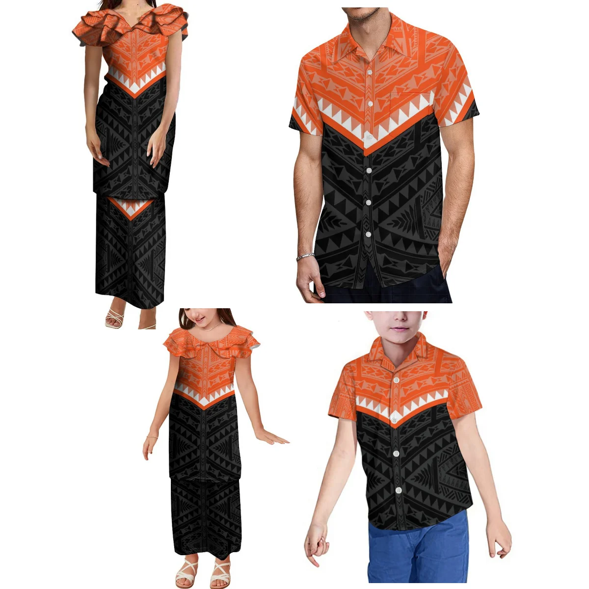 Polynesian Customs Fiji Samoan Family Gathering Set Mother Daughter Pletasi Dress Two-Piece Suit Father Son Casual Shirt