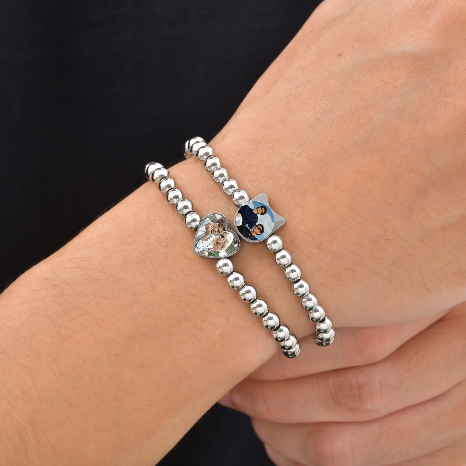 Personalisierte Foto-Armbänder für Männer, Frauen und Paare, Verstellbares Edelstahl-Metallperlen-Armband, Trendiges Schmuckgeschenk – Detail 5