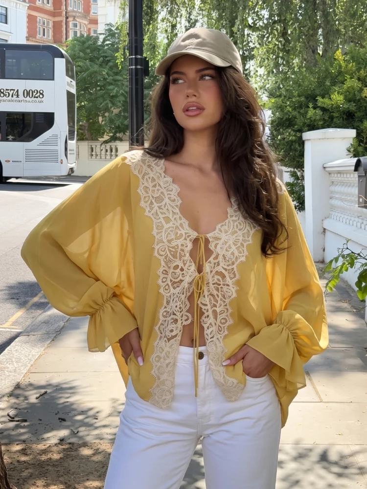 Fanan  Women Sexy Translucent Lantern Sleeve Shirt Solid Lace Splicing Loose Lightweight Top Summer Festival Beach Vacat