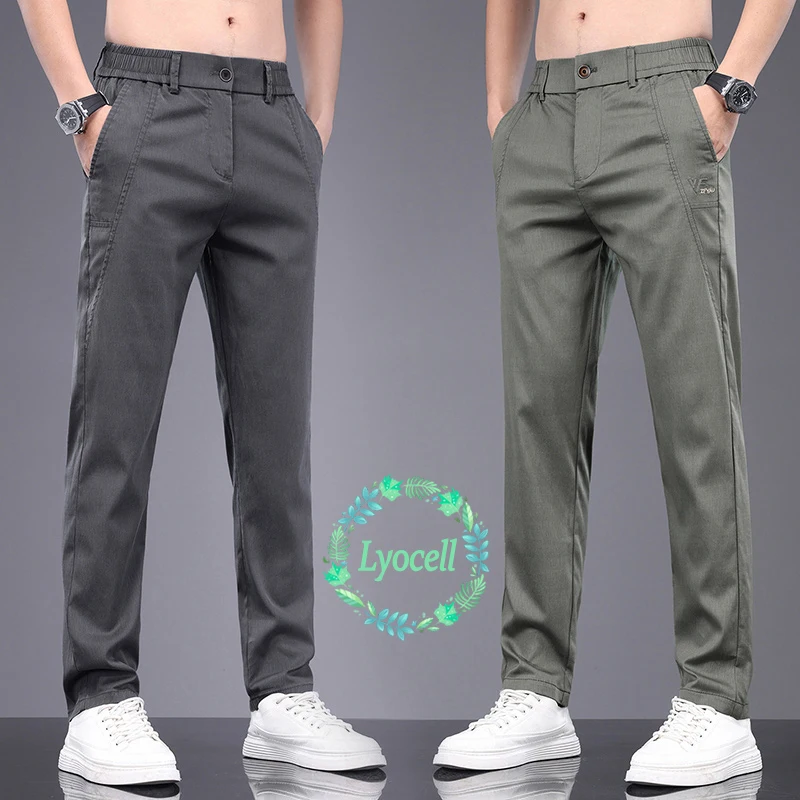 Markenkleidung Frühling Sommer Atmungsaktive Lyocell-Stoff Herren Freizeithose mit Taschen Reißverschluss Stretch Arbeitshose Jogginghose