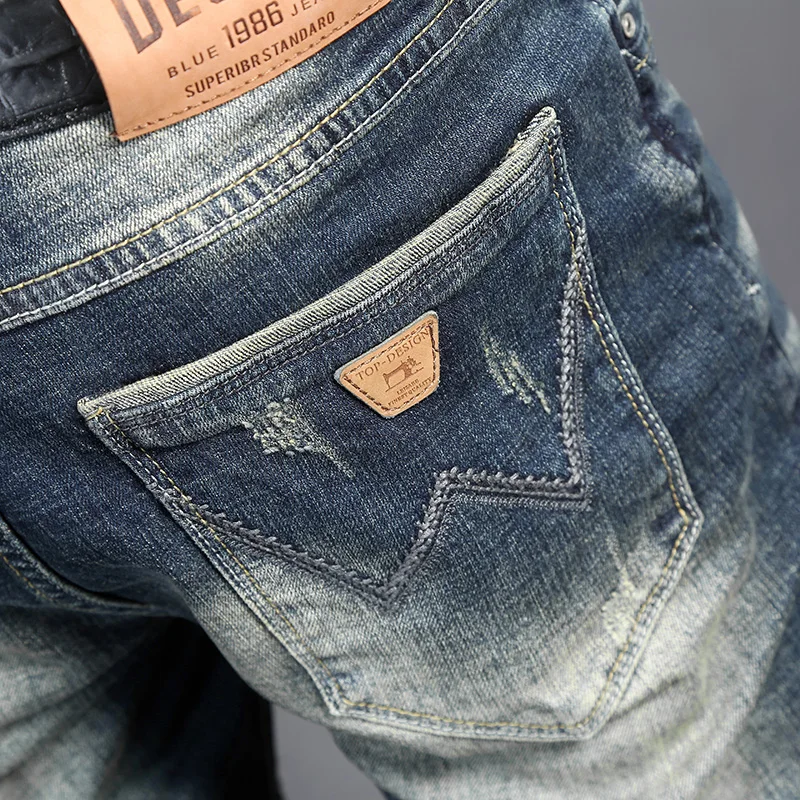 Newly Designer Fashion Men Jeans Retro Blue Elastic Slim Ripped Jeans Men Trousers Embroidery Vintage Casual Denim Pants Hombre