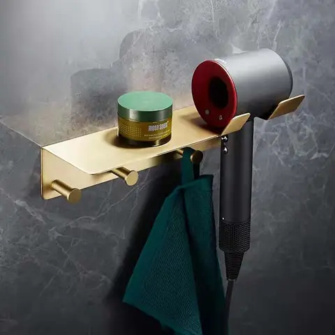 Soporte de secador de pelo de oro cepillado de latón, estantes de baño, accesorios de Hardware de baño, instalación perforada, minimalista moderno