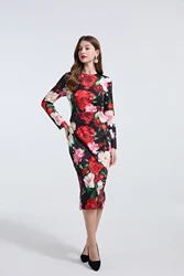 Elegant Black Rose Flower Long Sleeve Pencil Midi Dress For Women Summer Autumn Sheath Fashion Evening Party Dresses