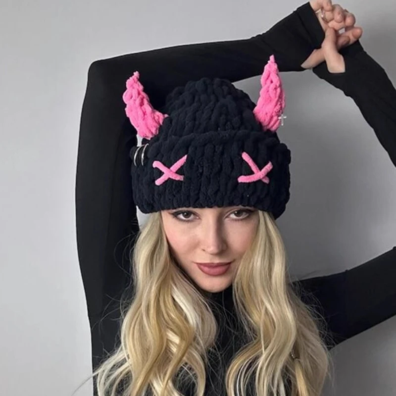Cute Fun Wool Hat Cute Little Devil Mask Horn Hood Thickened Warm Knitted Hat Neutral Sweet Cool Wind Autumn and Winter