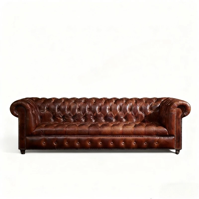 Oil wax leather first layer cowhide high-end sofa antique style old three-person buckle sofa American retro leather sofa