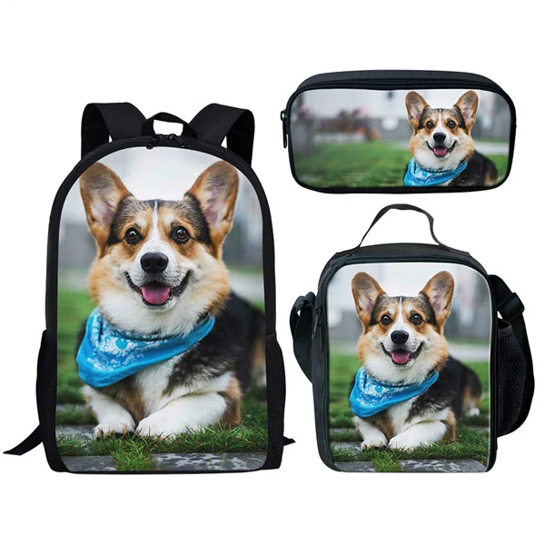 Sac à dos imprimé 3D de chien mignon Welsh Corgi drôle, sac à dos Pembroke, cartable d'étudiant, sac à dos pour ordinateur portable Anime, sac à lunch, étui à crayons, ensemble de 3 pièces