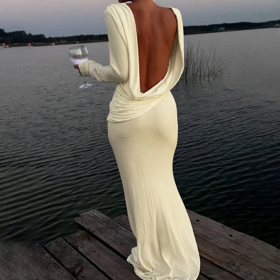 Lady Casual Elegant Party Dress Women Autumn Beach Vacation Pleats Backless Full Sleeves Long Sleeve Wrap Bodycon Dress Vestidos