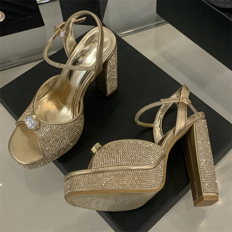 

Eilyken Sexy CRYSTAL Diamond Buckle Strap Women Sandals Street Style Platform Square Toe Stripper Party High Heels Summer Shoes
