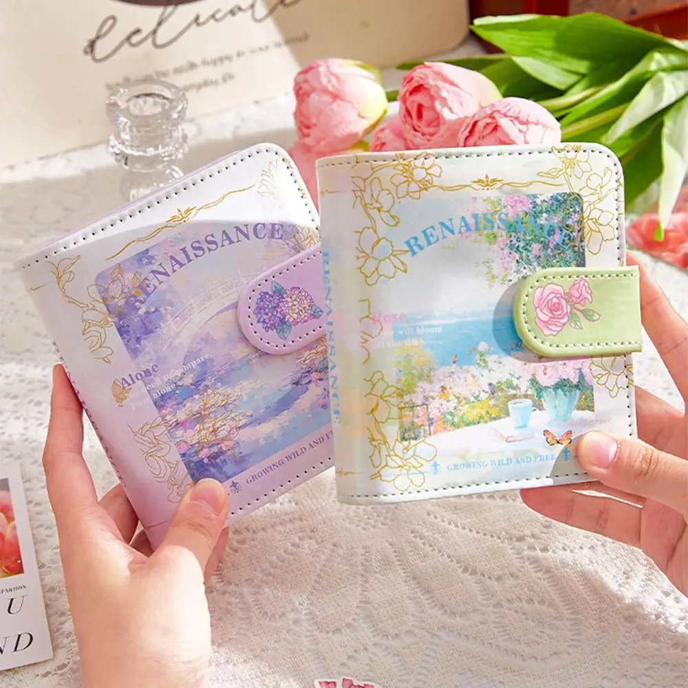 

Vintage Card Storage Booklet Retro Refillable Mini 3-Ring Photo Album Holds Magnetic clasp Oil Painting Style
