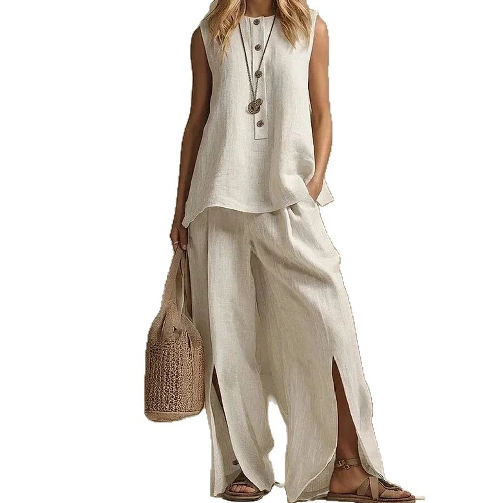 Women Blouse Trousers Sets Two 2 Pcs Sale Casual Button Sleeveless Blouse Shirt&High Waist Elastic Waist Wide Leg Pant Suits