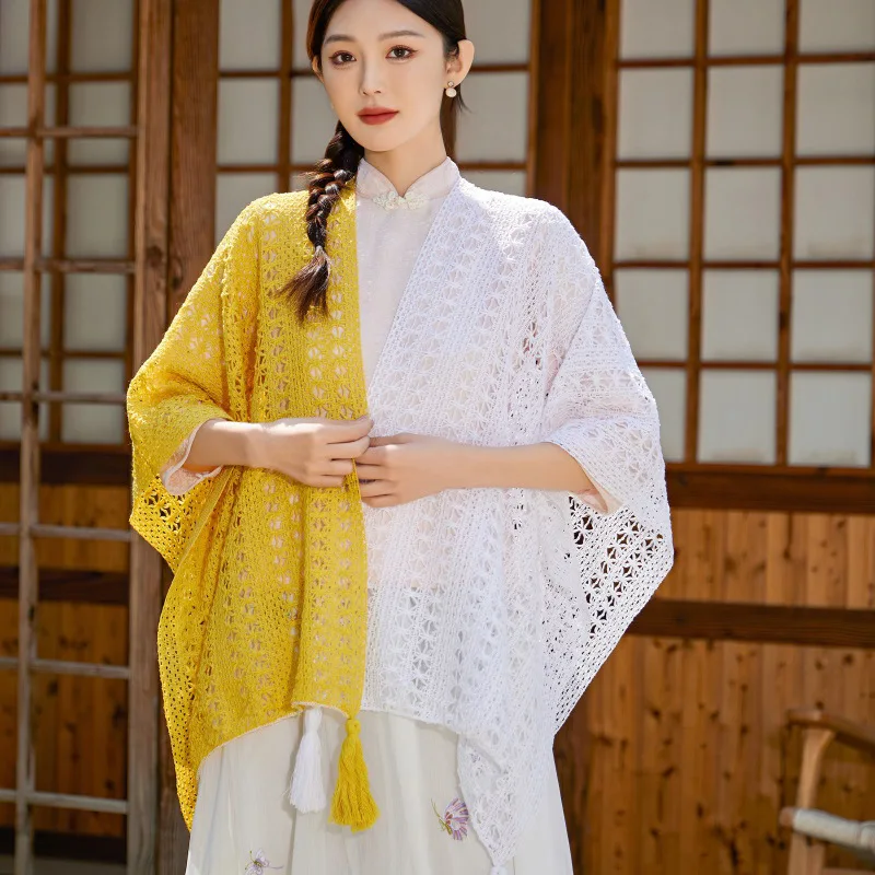 

Women Knitted color blocking Poncho Ethnic Style Shawl Thin Spring Summer Cape Cloak Decorative Scarf sun protection coat