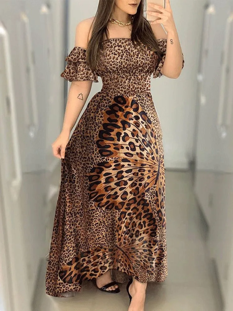 Boho léopard longue robe femmes Sexy épaules nues Slash cou à volants manches robe d'été dame marron élégant mince Maxi robes de soirée