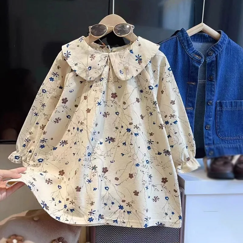 2-10T Spring Autumn Girls Fragmented Flower Dress Children Long Sleeved Doll Neck Dress Baby Kids Pure Cotton Princess Dresses