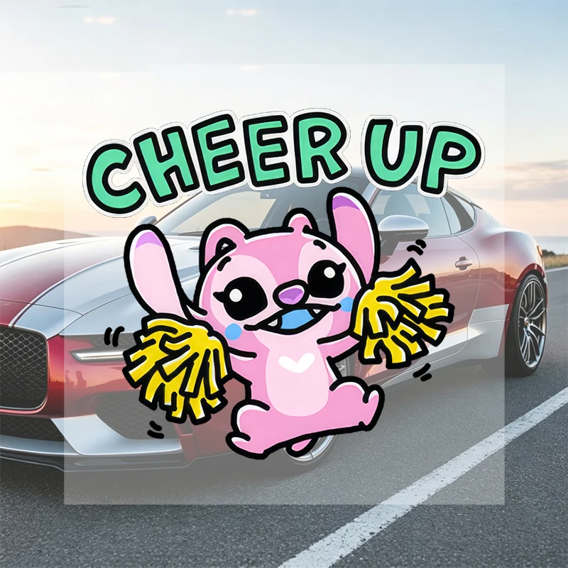 Car Stickers Vivid Playful Cute Pink Cartoon Alien Cheer Up Vinyl Decal Waterproof Die Cut for Fuel Cap Side Mirror Auto Decor