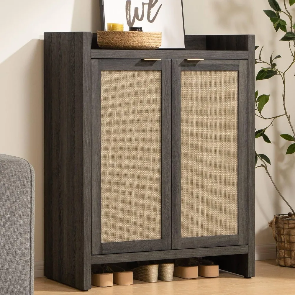 

41" Tall Shoe Cabinet, 24 Pair Shoe Storage Cabinet with Doors and 6-Tier Shelves, Rattan Shoe Cabinet Storage for Entryway, Fa