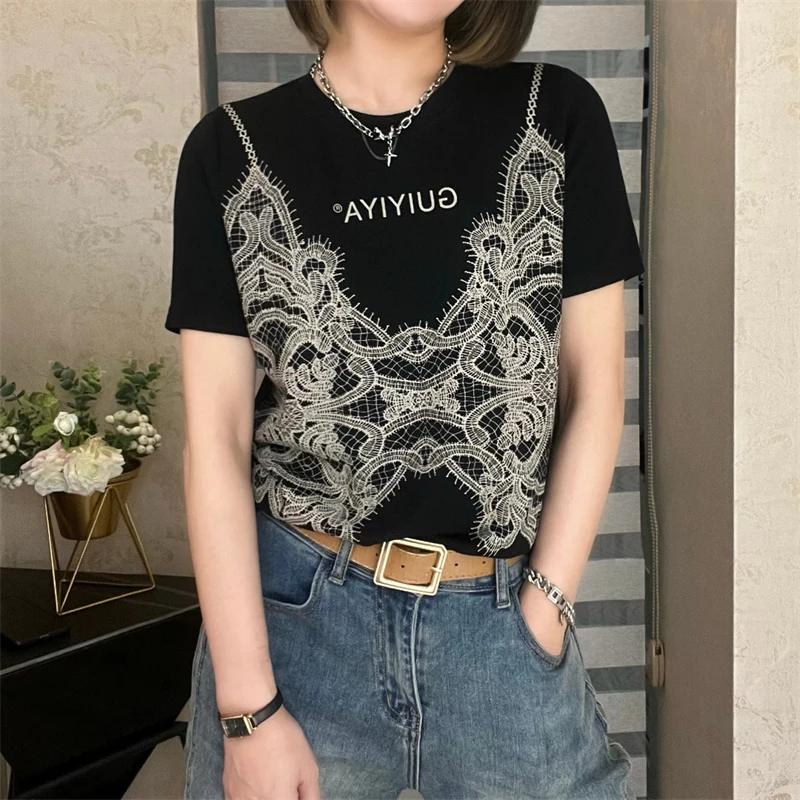 Womens Clothing 2023 Summer Trendy Lace Graphic Printed Streetwear Y2K T-shirts Female Casual O Neck Short Sleeve Tees Chic Top