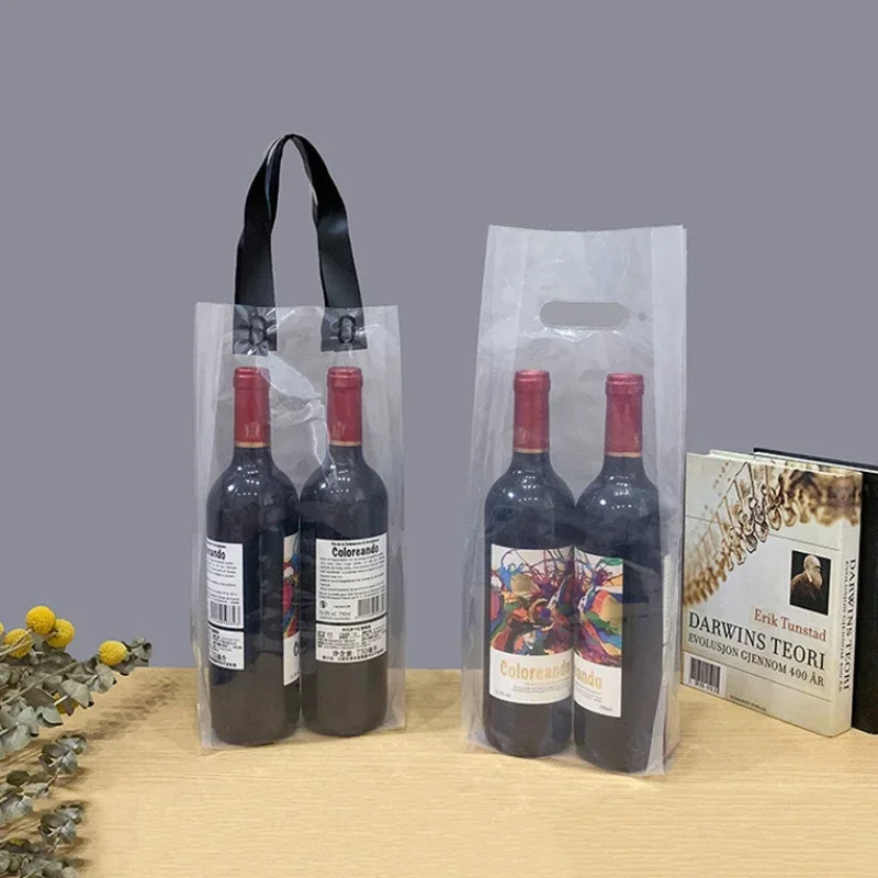 

Transparent Red Wine Handbag Thickening Plastic Strong Handle Single Branch Double Branch Wine Gift Portable Packaging Bag 50pcs