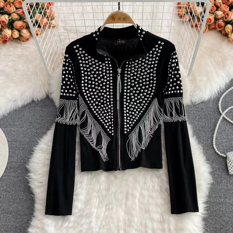 

Women's Slim-Fit Tassel Cardigan Jacket Bronzing Vertical Collar Hip-Hop Style Loose All-Match Short Top for Autumn Fashion