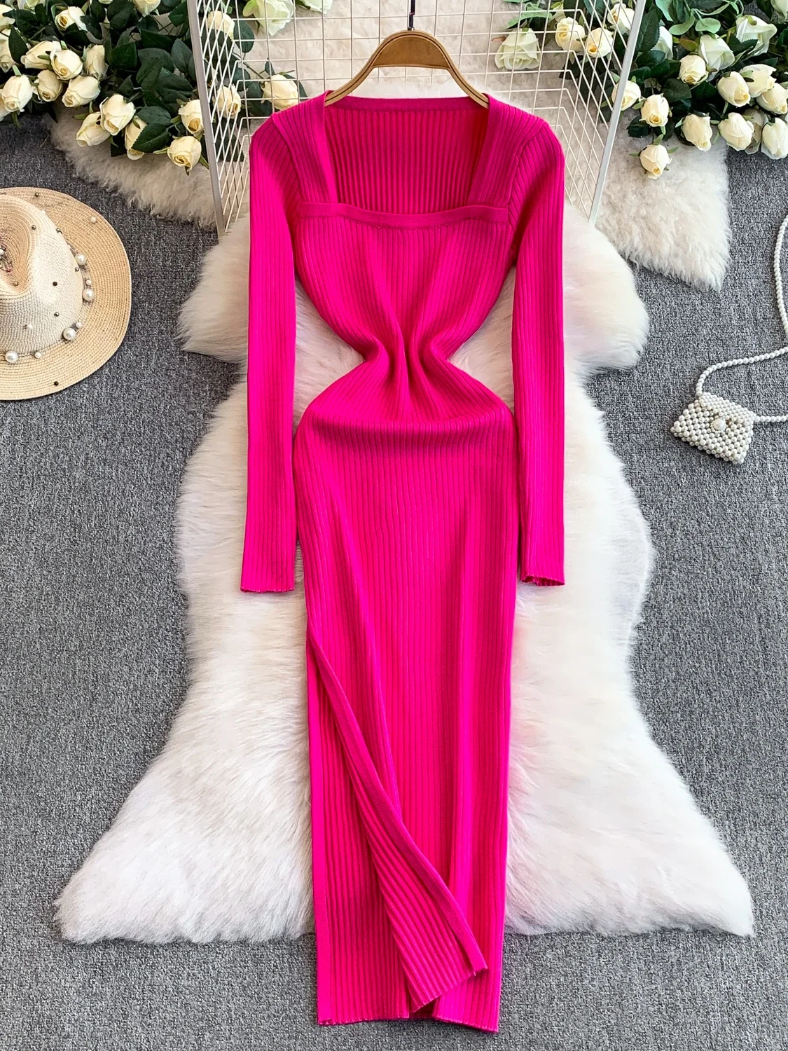 

Sexy Square Ne Knitted Long Dr Women's High Waist Slim Fit Base Layer Split A-Line Skirt Ci Commute Winter New Arrival