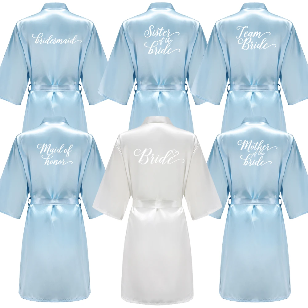 Light Blue Women's Satin Robe Short Kimono for Bride & Bridesmaid With White Letter, Wedding Party Robes