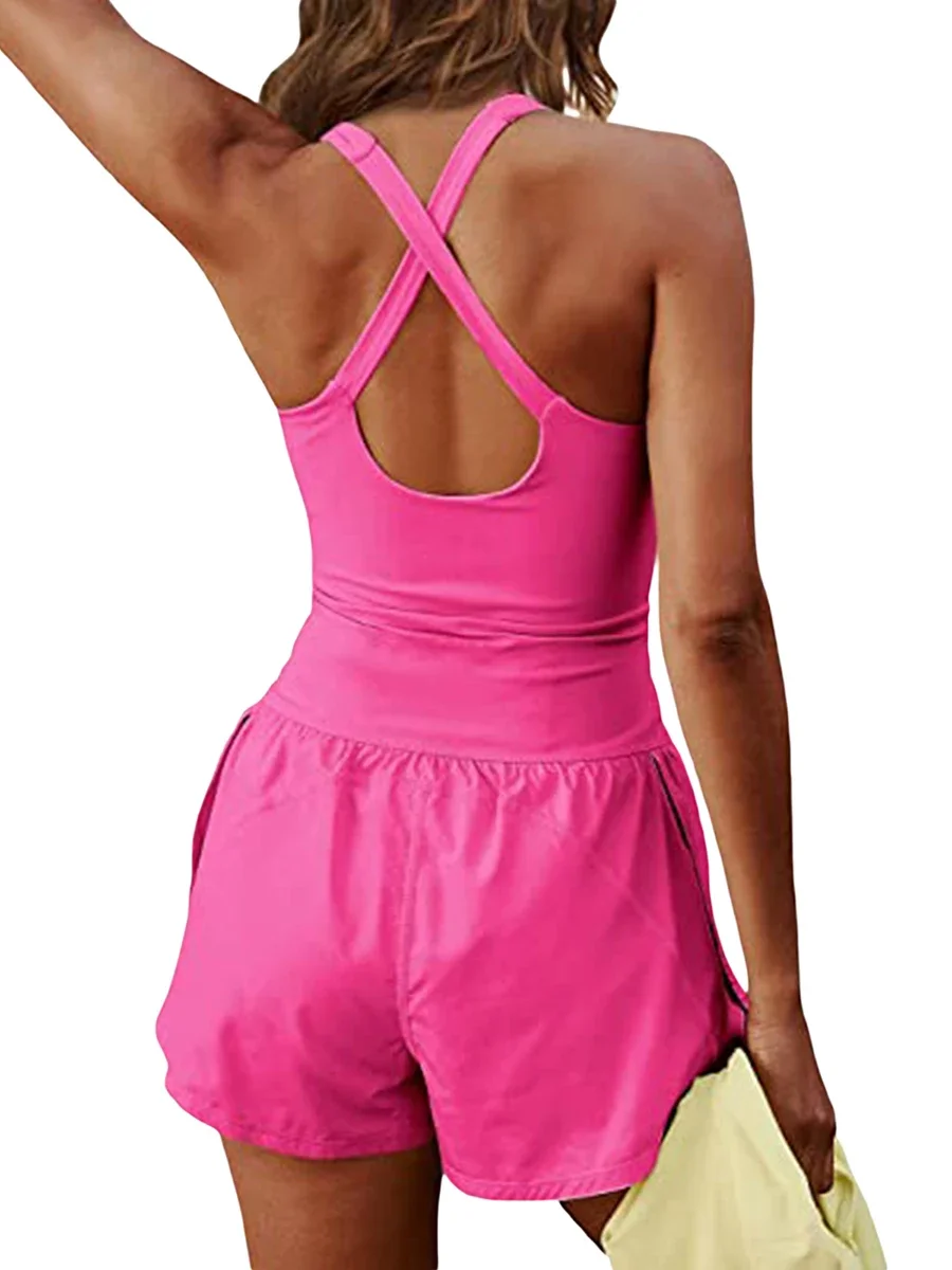 Pelele liso para mujer, ropa deportiva informal sin mangas con cuello redondo calado, monos elásticos de cintura alta para verano