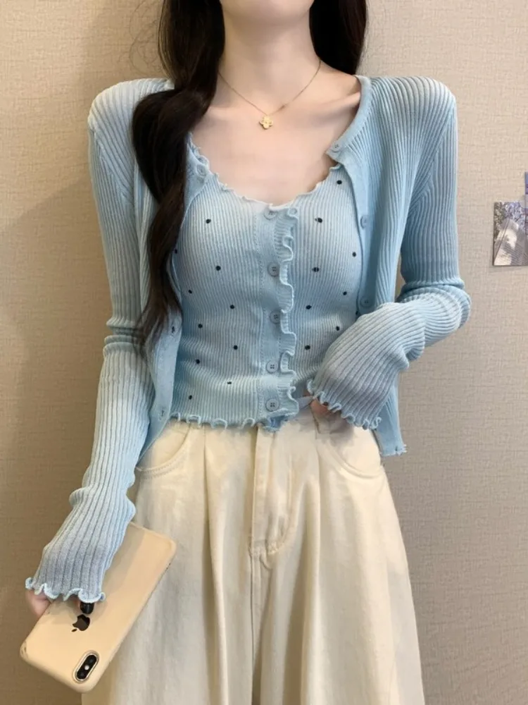 

ort Knitted Cardigan Women's Summer Unique Cover up Top Dopane Outfit Strap Two Piece Set Clete Korean Sle Loose Fit