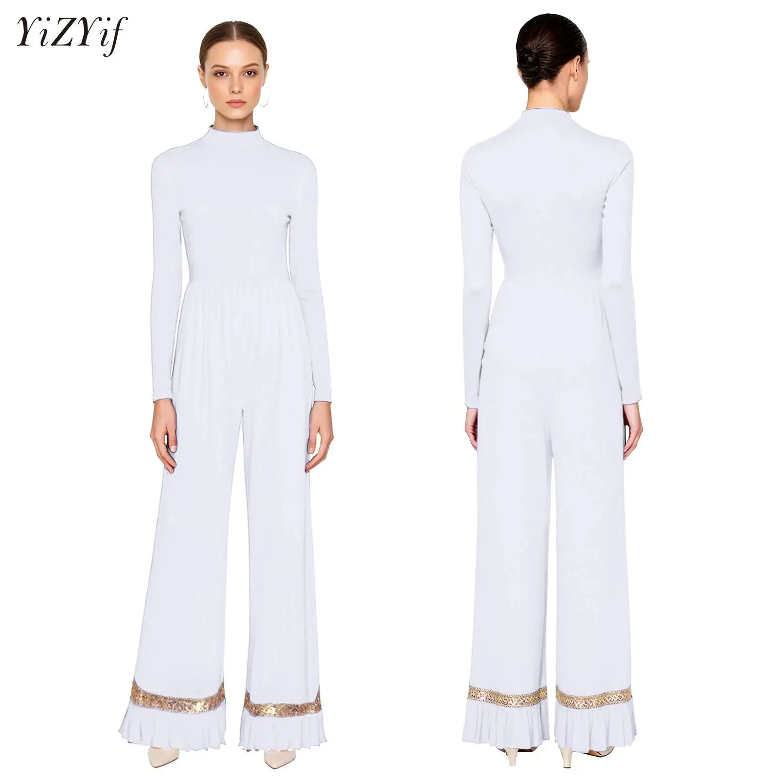 Vrouwen moderne dansvoorstelling kostuum aanbidding lof kerk rompertjes pailletten gegolfde mesh trim wijde pijpen broek eendelige jumpsuit