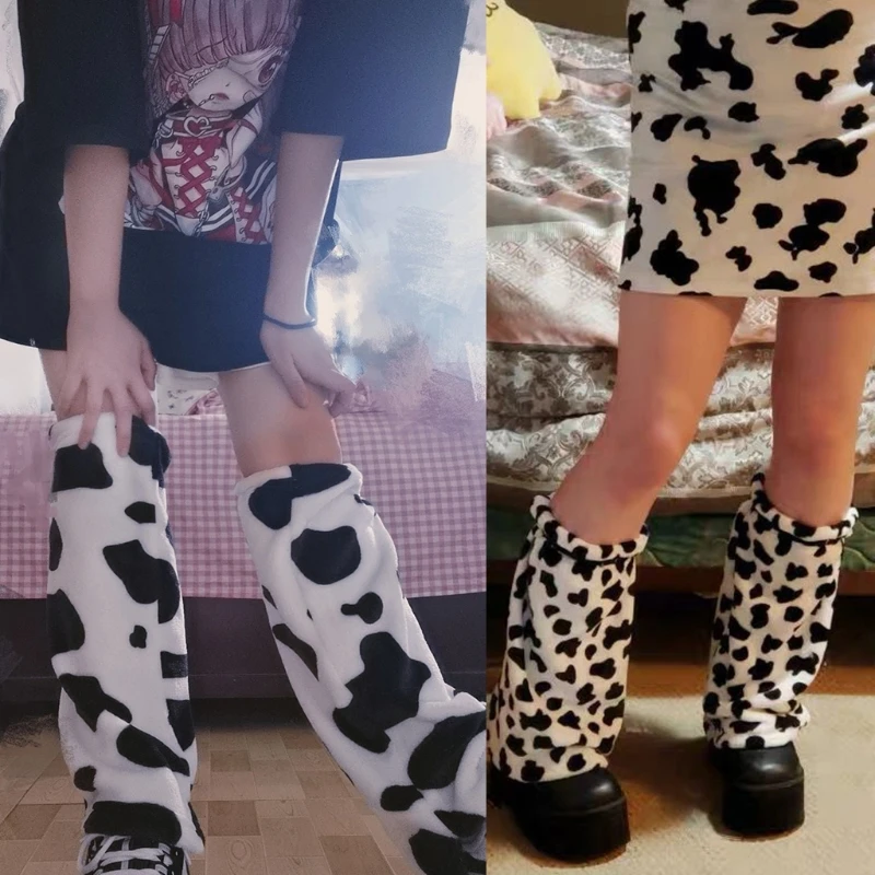 

Japanese Style Women Girls Winter Plush Leg Warmers Harajuku Black White Cow Leopard Print Long Socks Gothic Foot