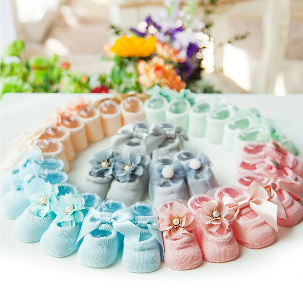 

1Pair Baby Socks Non Slip Cotton Anti Lace Flower Bow Tie Newborn Infant Toddler Size M Grey Random Style Safety Walking Aid