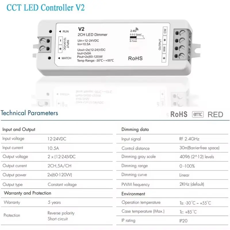2025 Trend Auto-Transmitting 2CH 5A LED Controller CCT LED Strip Dimmer Function Fade Mode Touch Slide Remote 2.4GRF Control Uni