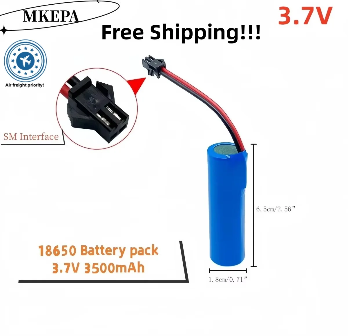 3.7V  18650 3500mAh lithium ion rechargeable battery, with replacement socket and SM interface line for emergency lighting