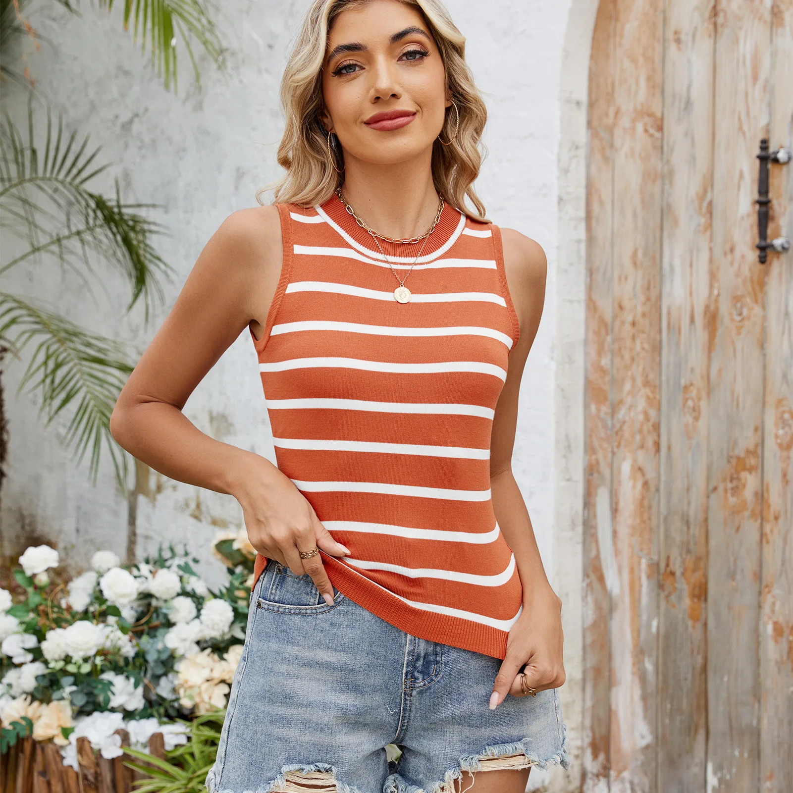 Maglione gilet slim fit a righe retrò per donna Nuovo arrivo estivo da Europa e negli Stati Uniti