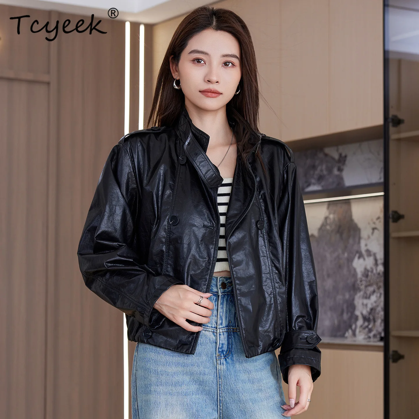 Tcyeek جلد الغنم الحقيقي سترة جلدية حقيقية ملابس حريمي معطف ربيع الخريف النفط الشمع المرأة معاطف فضفاضة تناسب Jaqueta De Couro #4