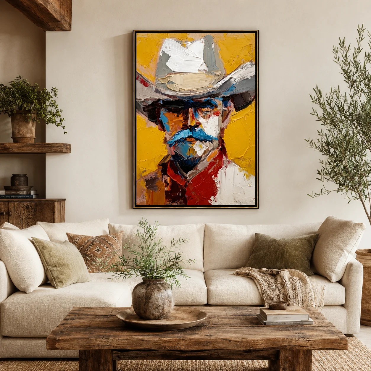 Blue Mustache – Vintage Americana Heavy Impasto Cowboy Portrait Painting | Canvas Wall Print for Bedroom, Living Room, Office
