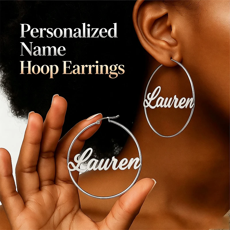 40mm Customized Name Hoop Earrings Woman Girls Stainless Steel Name Tag Circle Personalized Earring Statement Jewelry Gift